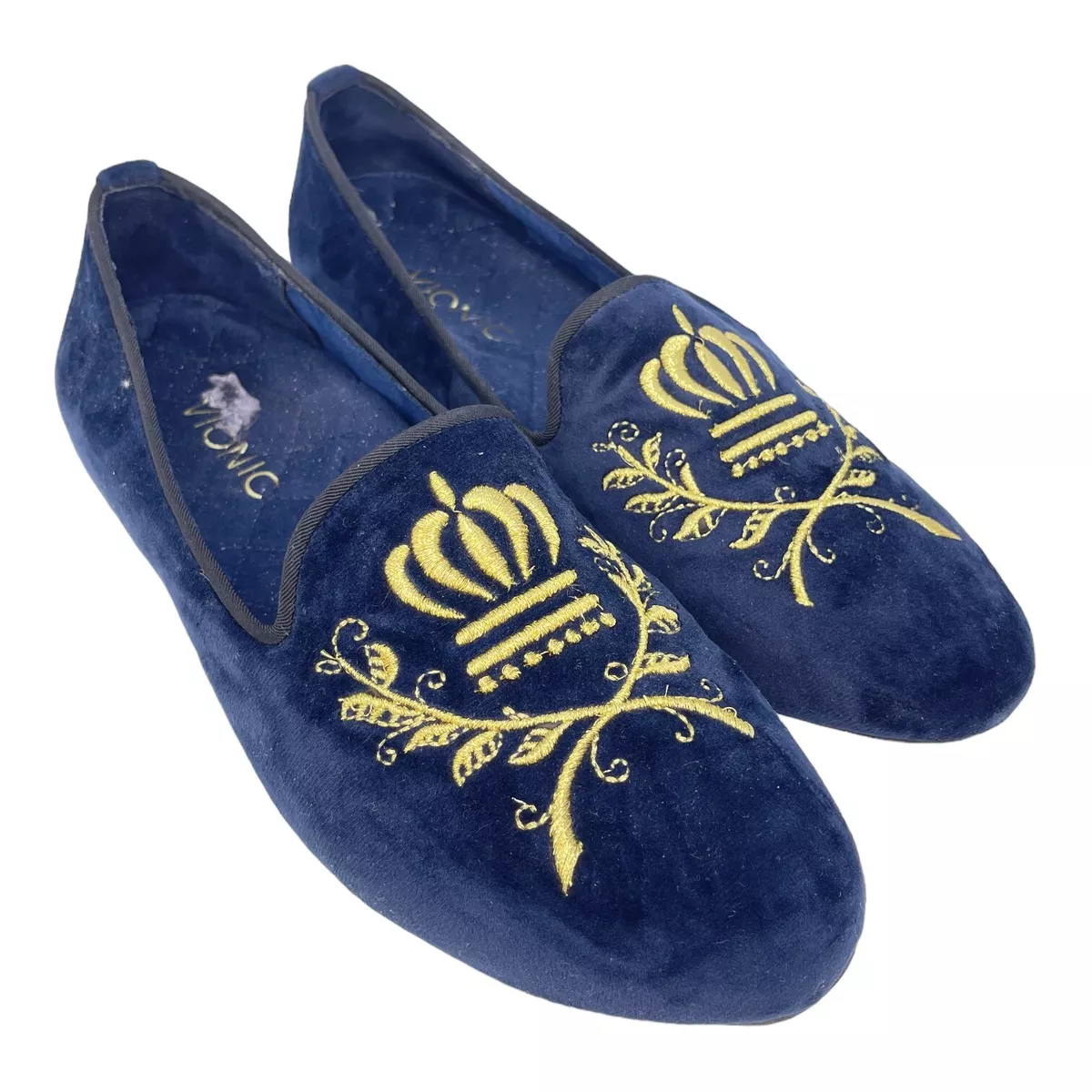 Vionic Snug Romi Blue Velvet Slip On Loafer Shoes Embroidered Size