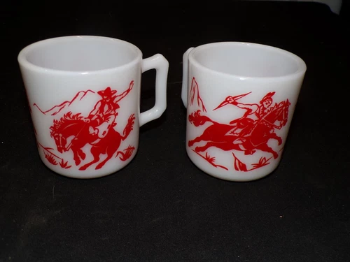 2 Vintage Hazel Atlas Mugs Mug Cup Cowboys & Indians Milk Glass Red [gg656]