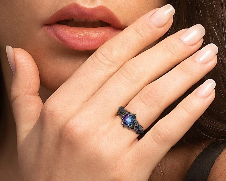 Black Rhodium Sterling Silver Alexandrite Engagement Ring Rose Style Women Ring - Image 4 of 4