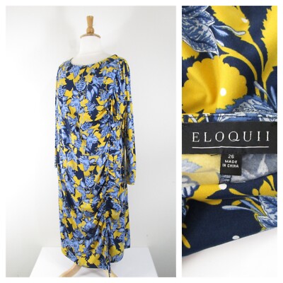 Eloquii Womens Plus Size Navy Blue Yellow Floral Shift Midi Dress