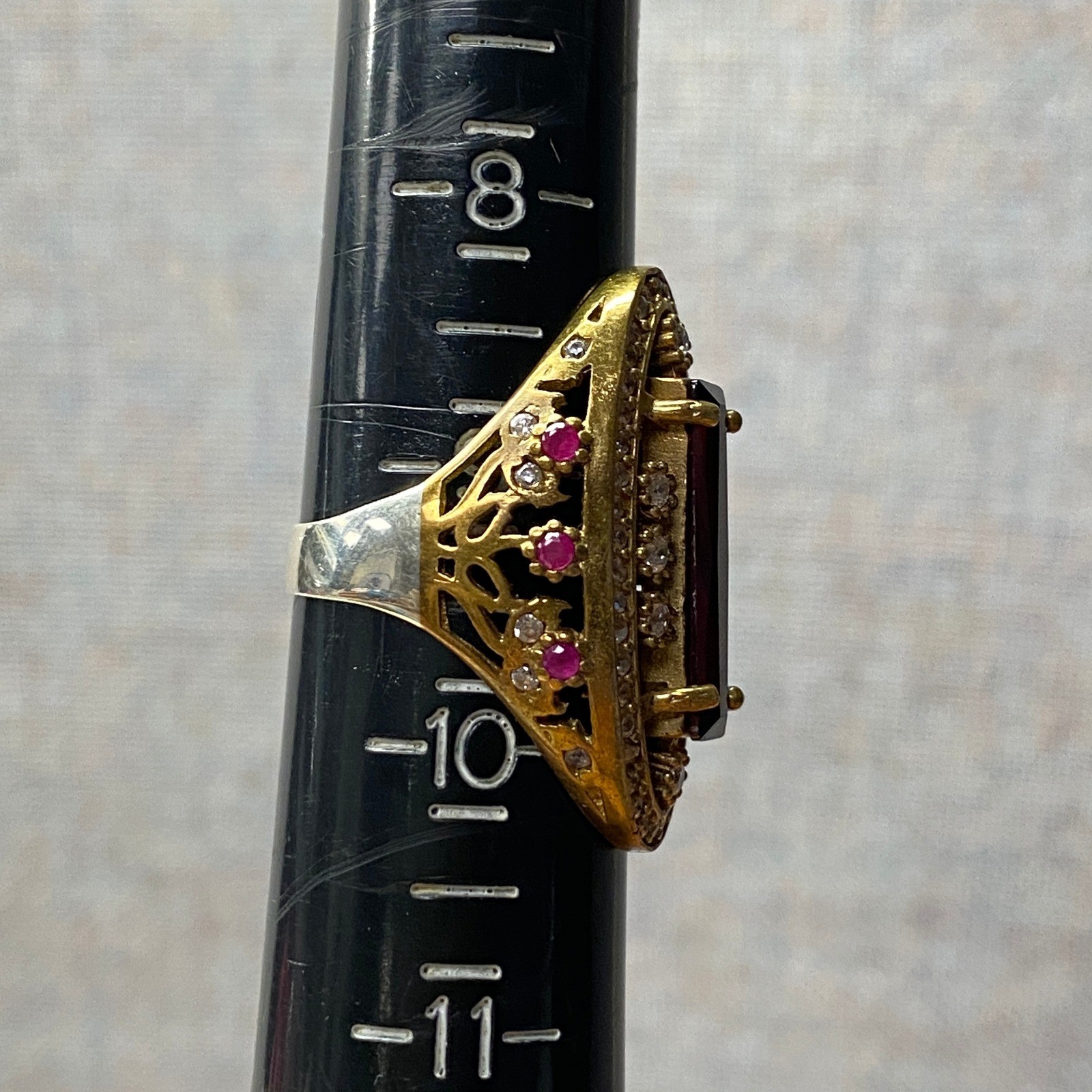 Statement Cocktail Ring Rectangle Red Gemstone Cl… - image 12