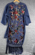 Sheer Navy Kimono Open Front Colorful Artsy Floral Embroidery Fringe Boho City
