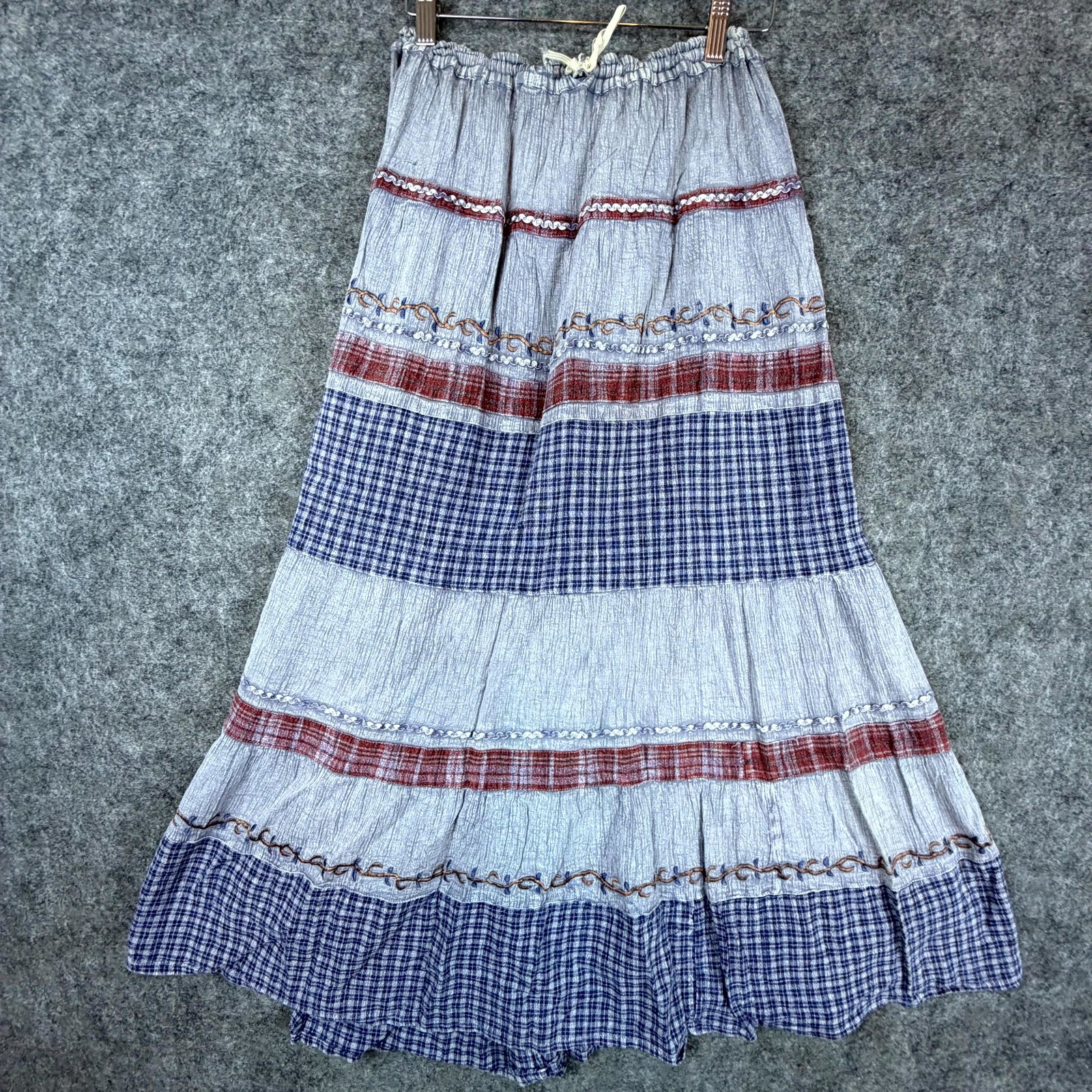 Vintage India Today Tiered Maxi Skirt Womens Blue Gingham Peasant Cottagecore