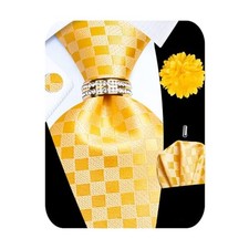 5PCS Mens Silk Tie, Pocket Square, Cufflinks, Yellow Plaid Tie Set -129 22