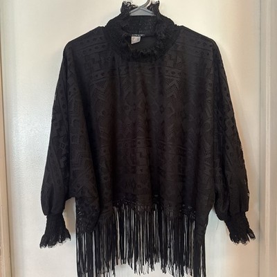 Women s Venus Lace Top With Fringe And Elastic Sleeves Black Size L