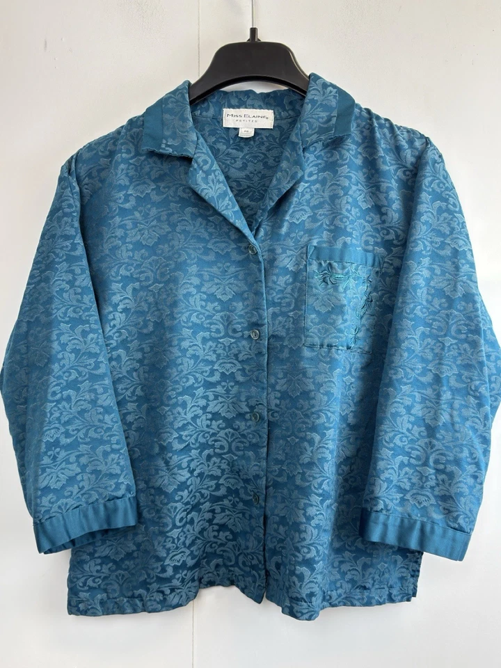 Miss Elaine Teal Long Sleeve Button Up Top & Pants Pajamas Women’s Petite PS - Image 2 of 4