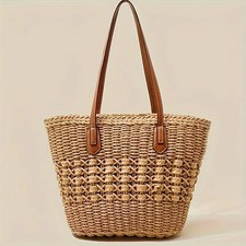 Women's Hollow Straw Tote Bag Large Capacity Beach Travel Shopping Handbag