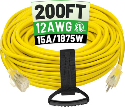 200 Ft 12/3 Outdoor Extension Cord Waterproof Heavy Duty with Lighted End 12 Gau