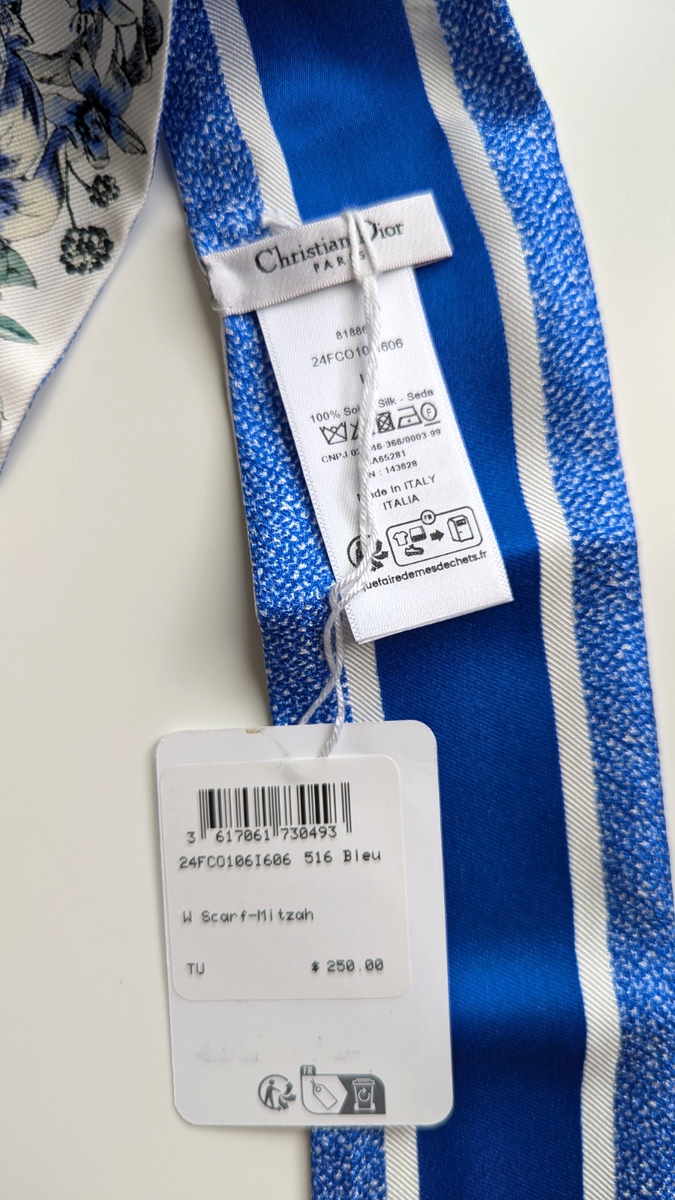 NWT CHRISTIAN DIOR Floral Mitzah SCARF White/Blue print 100% SILK