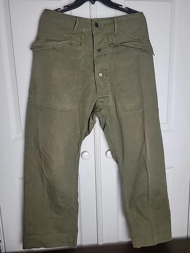 Vintage 40s WWII 13 STARS US ARMY MILITARY HBT BUTTONFLY PANTS HERRINGBONE CARGO