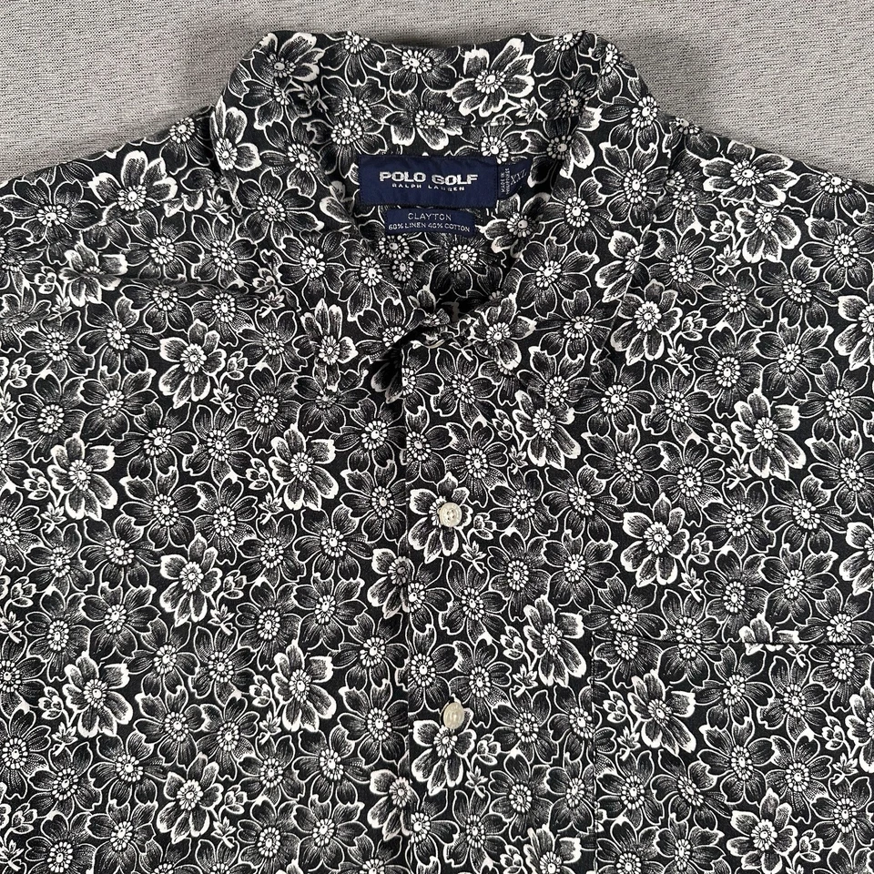 复古 Polo Ralph Lauren 衬衫男式 2XL Clayton 亚麻花卉营地短袖 AOP — 第 2/4 张图片