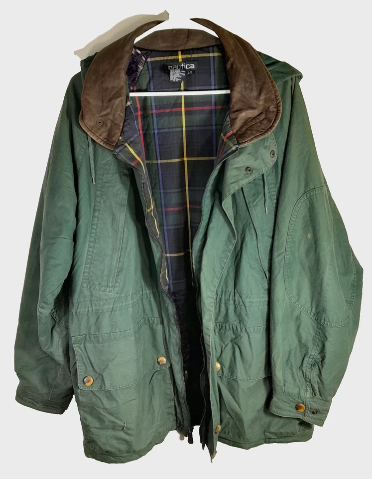 Chaqueta de Colección Nautica Chore Para Hombre Grande Verde Forrada a Cuadros Borde de Cuero Foto 3 de 4