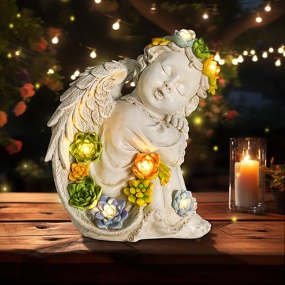 Solar Cherub Angel Outdoor Garden Decor Statues - 8 inches Angel