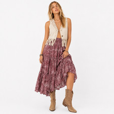 Vintage Angela's Western Maxi Skirt Womens L Red Cotton Tiered Prairie Rodeo