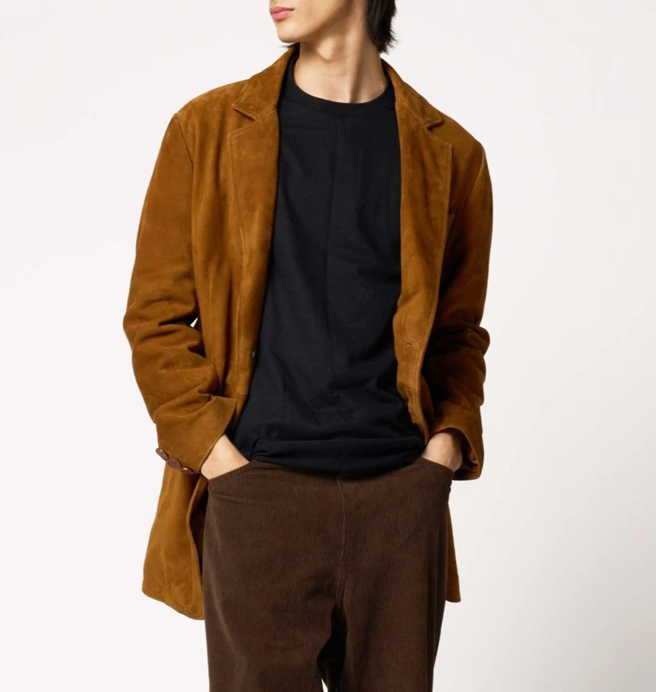 Tan Leather Blazer Men Pure Suede Coat Jacket 2 Button Size S M L XL XXL 3XL