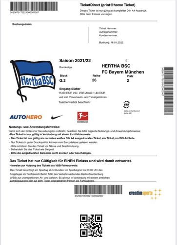 Sammler Ticket Hertha BSC Berlin - FC Bayern München FCB 23.01.22