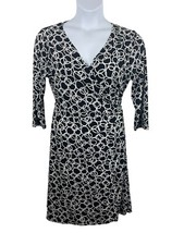 Nine West Black White Wrap Dress Chain Link Pattern 3/4 Sleeve Dress L