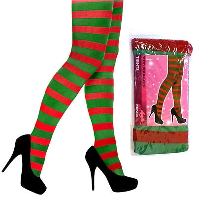 HENBRANDT Ladies Red & Green Stripe Elf Pixie Style Tights Stockings Christmas Fancy Dress