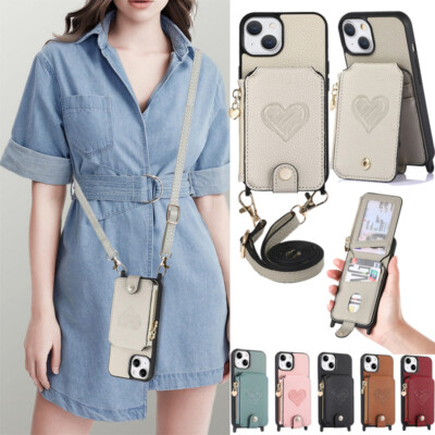 Case For iPhone 16 15 14 Pro Max 13 12 Leather Wallet Zipper Neck Lanyard Cover