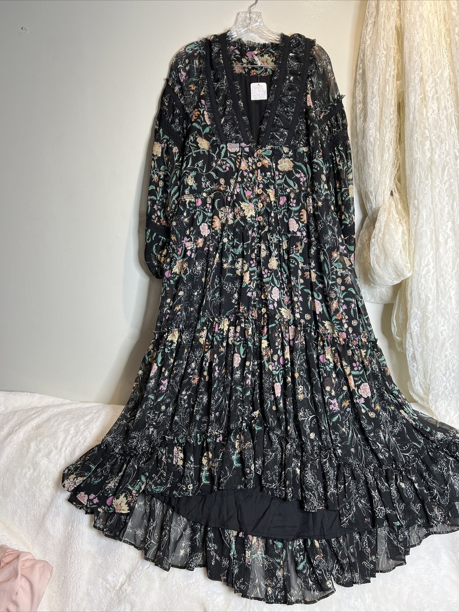 cassis printed chiffon dress free people Free People Cassis Printed Ruffles Flowy Chiffon Maxi Dress S