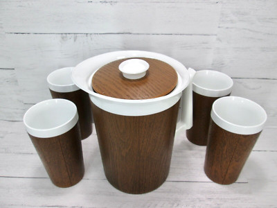 Vintage Thermo Serv Faux Wood Grain Pitcher Tumbler Cup Set Retro Mod MCM 60s