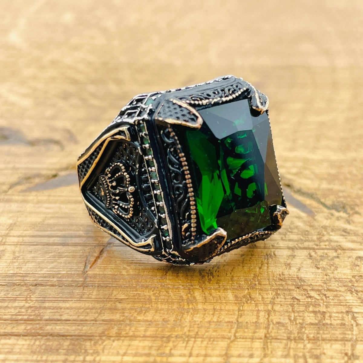 Silver Mens Ring, Green Emerald Square Gemstone Ring, Turkish Handmade  Jewelry - Main Image