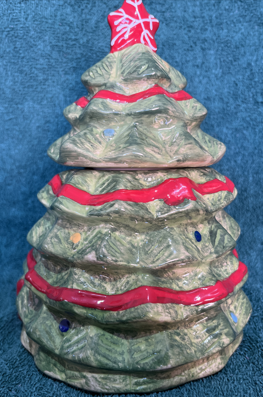 Gibson Home Hand Painted 9” Christmas Tree Treat Jar Ceramic