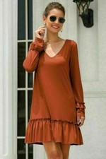 Autumn Dress V Neck Solid Long Sleeve Casual T-Shirt Dresses Tops Womens Short