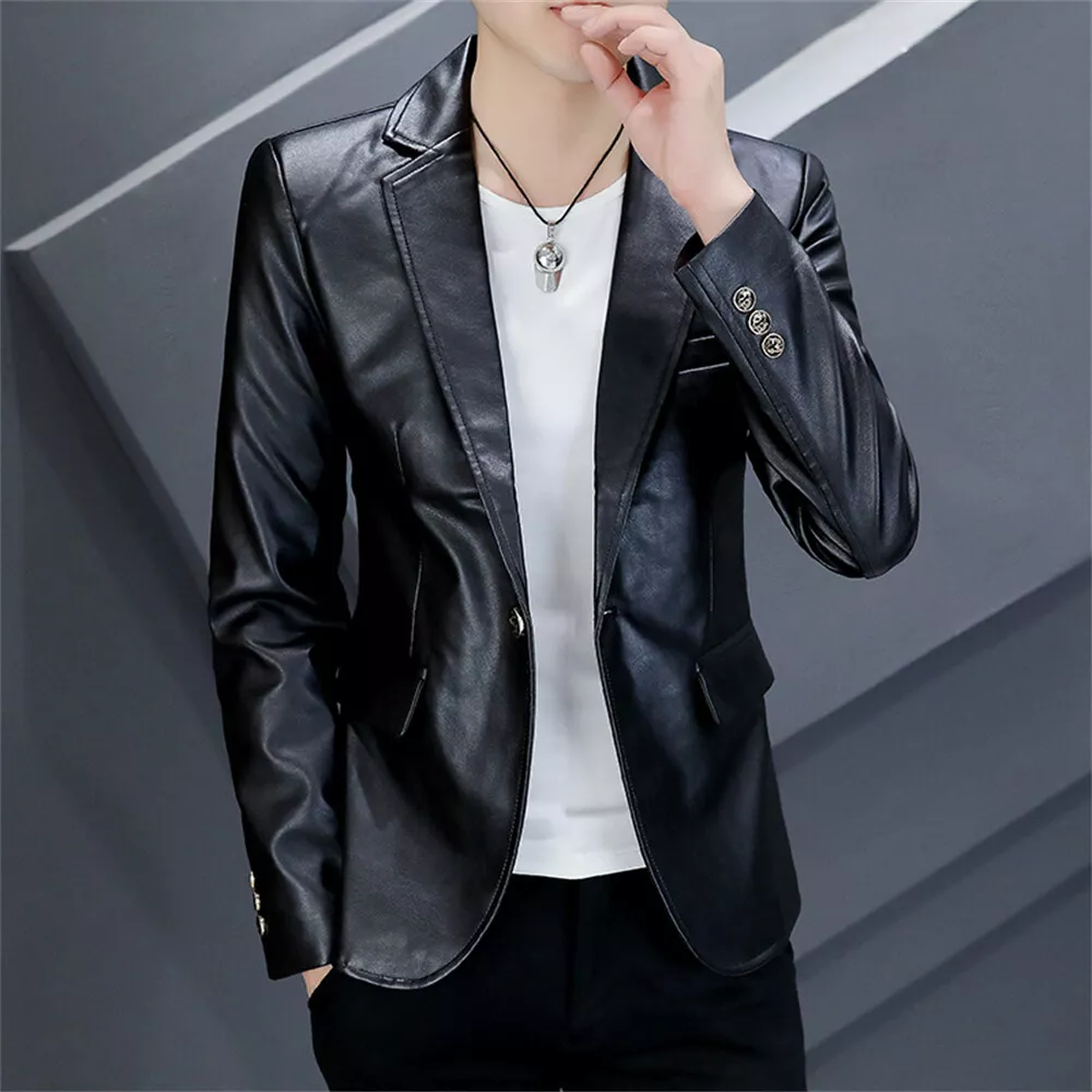 Men PU Leather Work Blazer Jacket Business Casual Button Slim Fit Suit Coat Tops