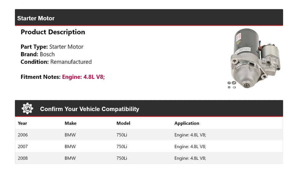 For 2006-2008 BMW 750Li 4.8L V8 Bosch Starter (Remanufactured) 2007 - Image 2 of 4