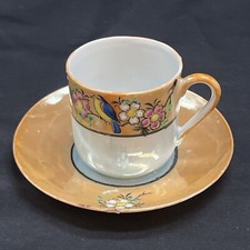 Vtg Lusterware Demitasse Cup Saucer Set Bird Flower Japan Peach Espresso -READ G