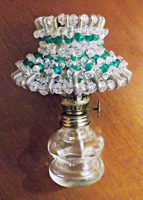 Vintage Beaded Safety Pin Lamp Shade on Miniature Lamp -  Green & Clear- 5'' Tall