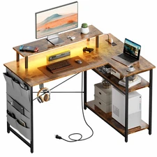 L Shaped Computer Desk with 2 USB Ports & Open Shelf, Gaming Desk with LED Light