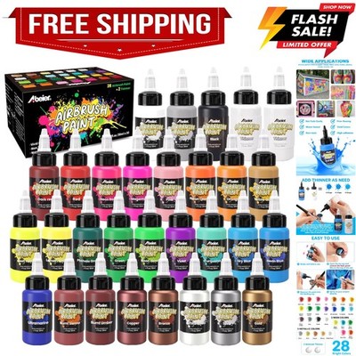 Airbrush Paint, 28 Colors x 1oz 30ml with 2 Thinner, Ready to Spray, Non-Toxi...