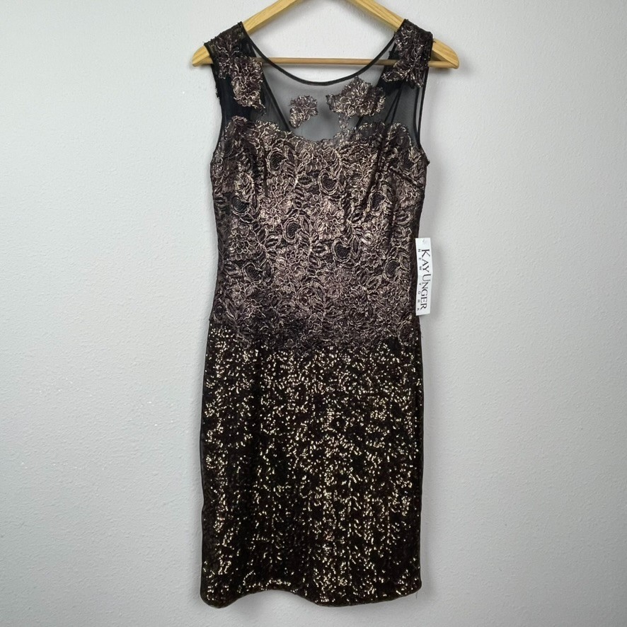 NWT Kay Unger New York Dress 4 Black Gold Sequin Lace Mini Cocktail Party |  eBay
