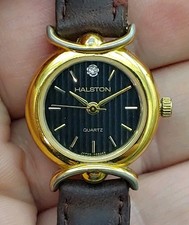 VTG Halston Watch 223-Y481 Japan Quartz 23mm Black Dial Gold Tone Diamond Marker