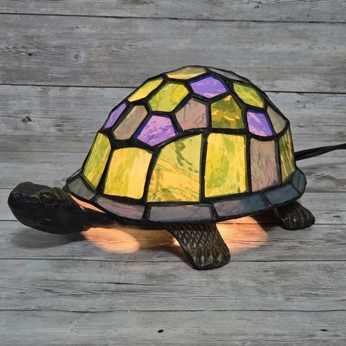 Vintage Brass Tiffany Style Turtle Accent Lamp Night Light Stained Glass Shell