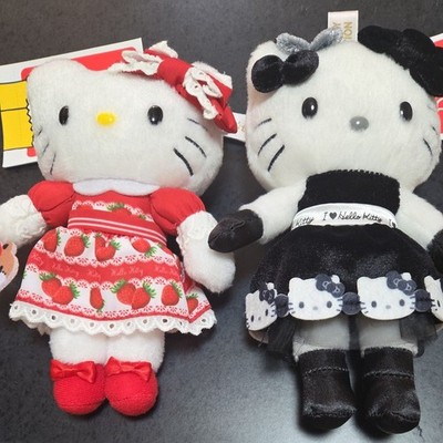 Sanrio Hello Kitty Plush Mascot Set of 2 Strawberry Red & Black Dress New