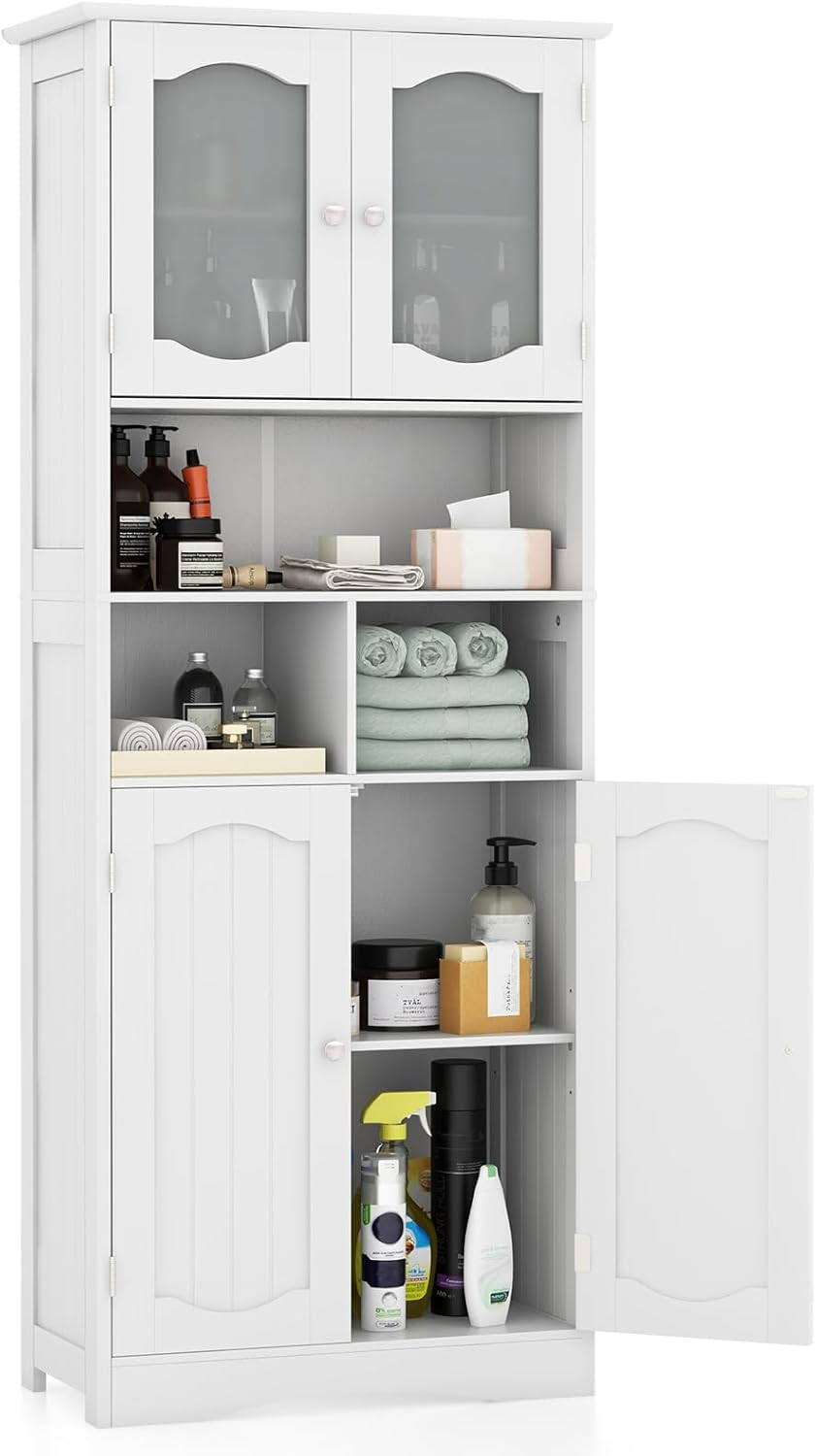 Tall Storage Cabinet Glass Doors Shelves Freestanding Display Unit White