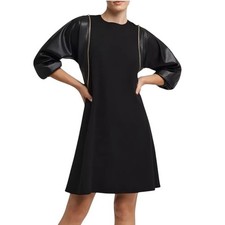 H Halston Faux Leather Mixed Media Zipper Black Mini Dress Small Cocktail Party