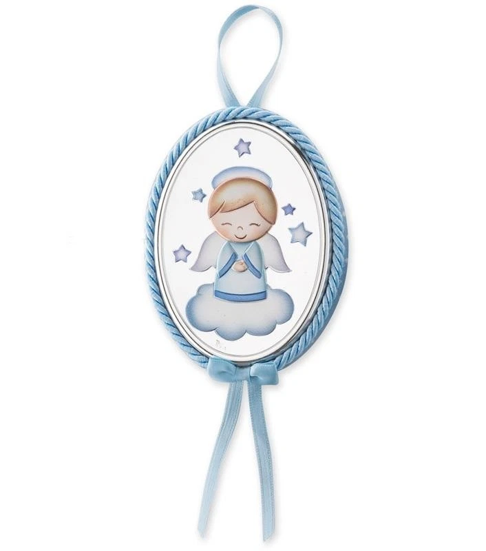 Medallón De Cabecero Cuna Ovalado Plata Niño Ángel Azul Ninna Nanna - Image 1 of 1