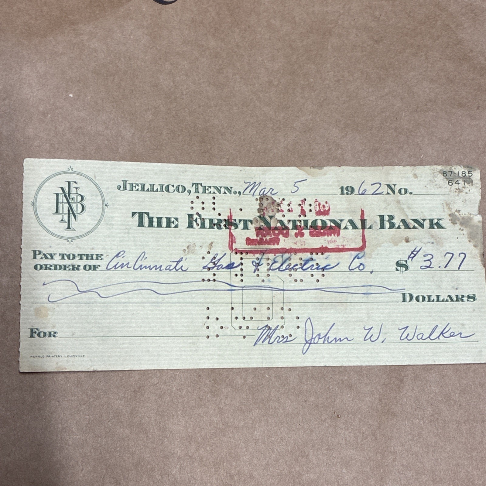 Check Amount Check 1962 the First National Bank Jellico Tennessee Check Mrs John Walker | eBay