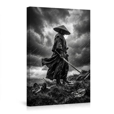 Epic Samurai in Stormy Weather Black and White Wall Art Print Poster for Home 