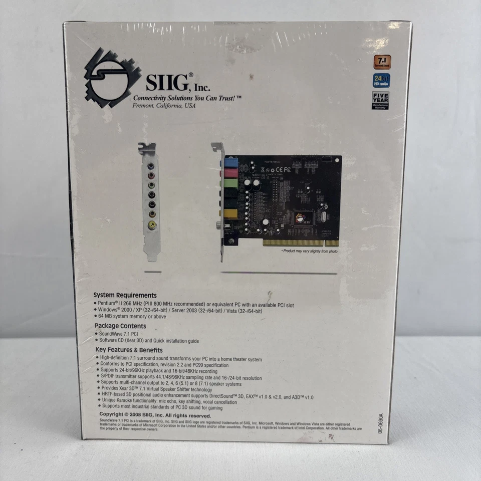 SIIG Sound Card 06-0690A SoundWave Digital Surround 5.1 PCI NEW In Box SEALED - Image 2 of 4
