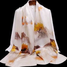 100% Silk Scarf Women neckerchief long Shawl Wrap floral yellow coffee MY225