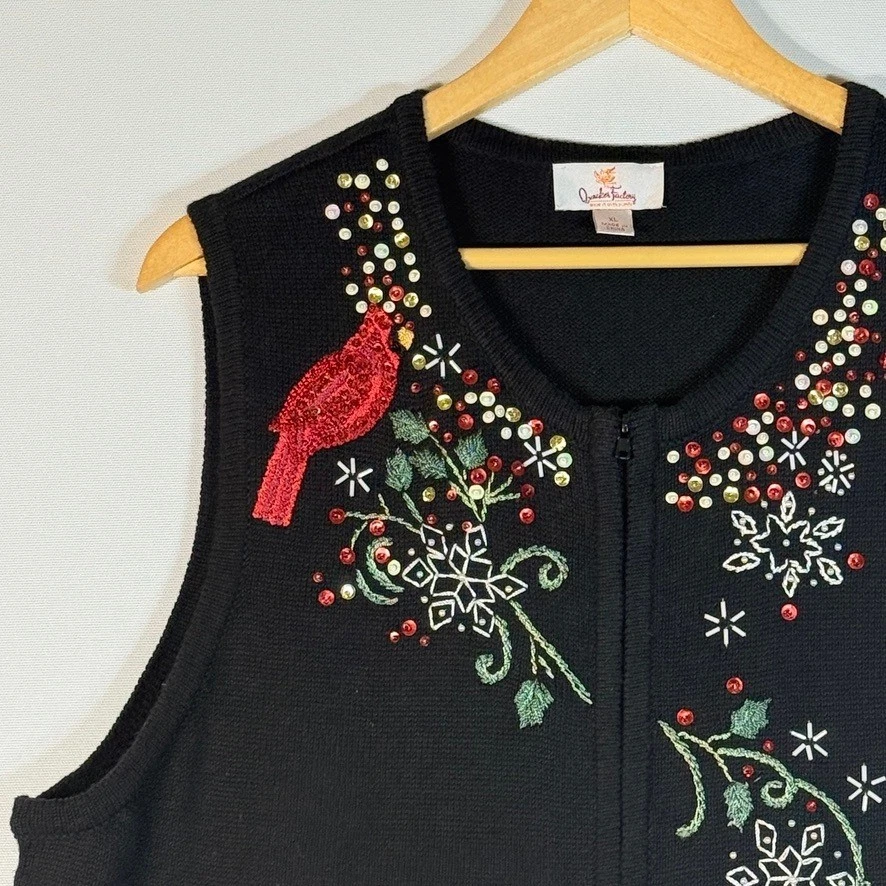 Quacker Factory XL Black Embroidered Cardinal Snowflake Christmas Holiday Vest - Image 2 of 4