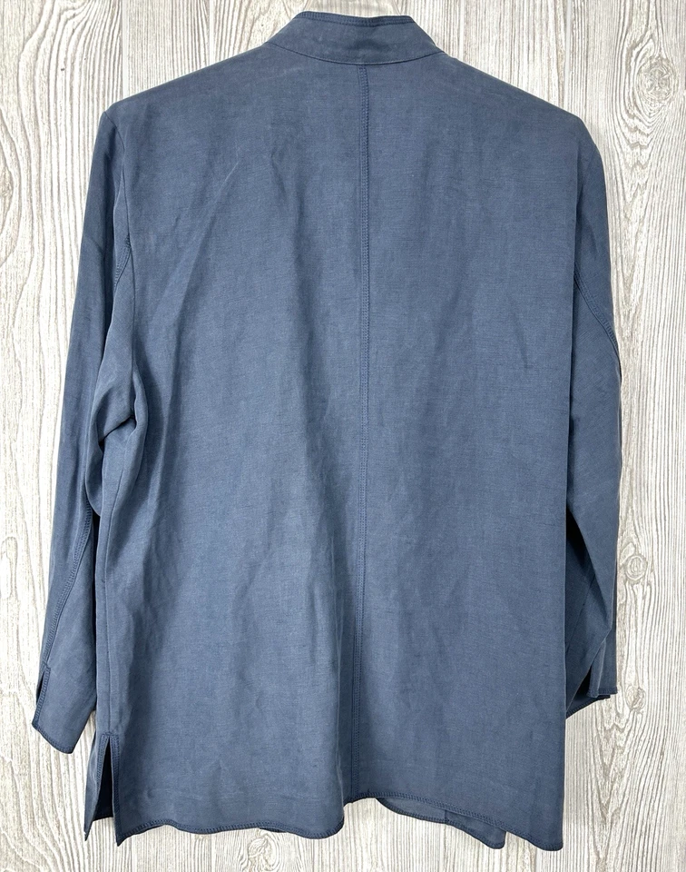 Chaqueta Blazer Kate Hill Azul 71% Seda 29% Lino Frente Abierto Manga 3/4 Talla Grande Foto 2 de 4