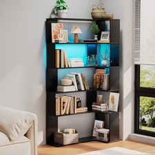 169cm 5 Layers Corner Bookshelf Wood Triangular Bookshelf with Lamp Strip Black✅