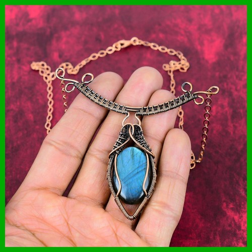 Venta Día de la Madre Labradorita Piedra Alambre Envuelto Cumpleaños Cadena Collar Cobre - Imagen 2 de 6