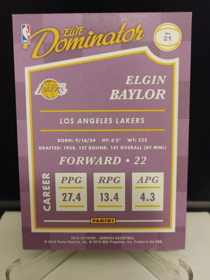 Elgin Baylor 2015-16 Panini Donruss Gree Elite Dominator #21 - /999 - LA Lakers - Image 2 of 2